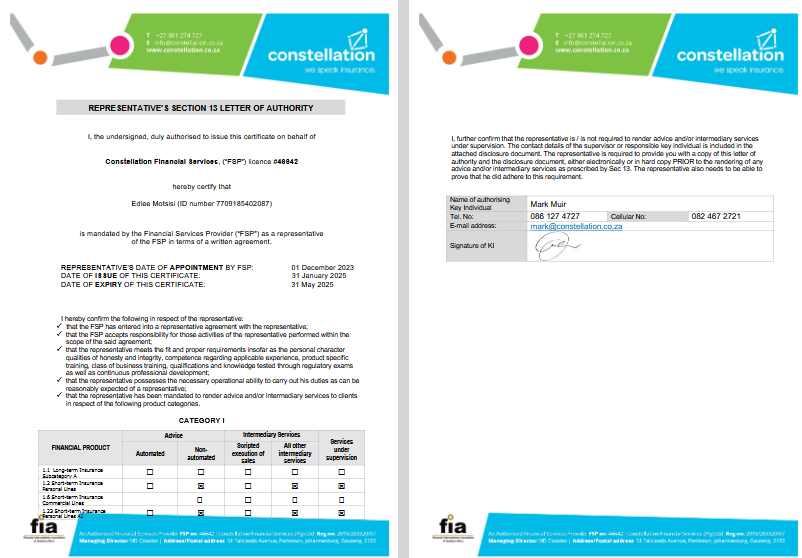 Section 13 Certificate